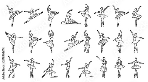 Ballerina Ballet Dancer Sketch Vector Character Set Featuring Classical Dance Poses, Jumps, Pirouettes, and Tutu Costumes for Performing Arts Graphic Design Projects