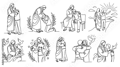 Jesus Christ Comforting People Line Art Vector Icon Set Featuring Holy Hugs, Blessings, Healing, and Spiritual Guidance for Christian Religious Graphic Design Projects