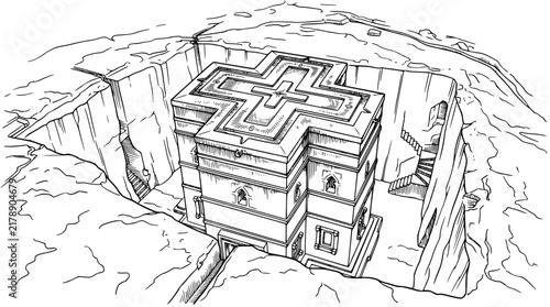 Church of Saint George Lalibela Sketch Vector Illustration Featuring Monolithic Rock Hewn Cross Architecture of Ethiopia for Historic Travel and Tourism Graphic Design Projects