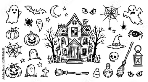Halloween Haunted House Doodle Vector Element Pack Featuring Ghosts, Jack O Lantern Pumpkins, Spiders, Witch Hat, Broomstick, Skull, and Spooky Graveyard Symbols for Holiday Graphic Design Projects