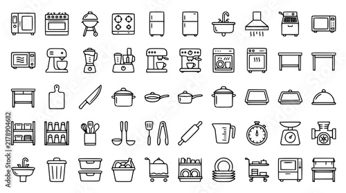 Kitchen Appliance and Cookware Line Icon Mega Set Featuring Microwave, Oven, Refrigerator, Stand Mixer, Blender, Pots, Pans, and Culinary Utensils for Restaurant Graphic Design Projects