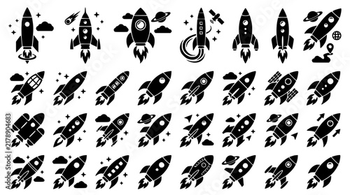 Rocket Ship Launch Silhouette Icon Mega Pack Featuring Spaceship, Galaxy, Planet, Asteroid, and Space Exploration Symbols for Business Startup Innovation Graphic Design Projects