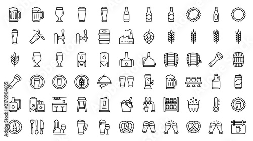 Beer Brewing and Oktoberfest Line Icon Mega Set Featuring Pint Glasses, Kegs, Brewery Tanks, Hops, Wheat, Barrels, and Pretzels for Bar Restaurant Menu Graphic Design Projects