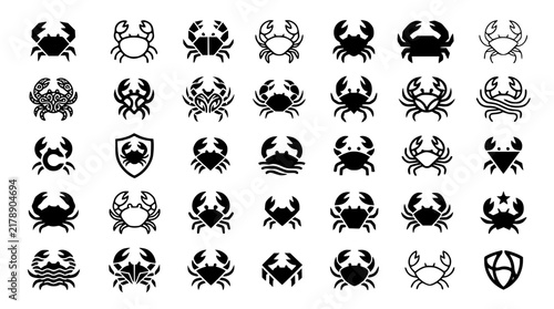 Crab Silhouette Vector Icon Mega Pack Featuring Seafood Restaurant Logos, Astrological Cancer Zodiac Symbols, and Marine Life Badges for Commercial Graphic Design Projects