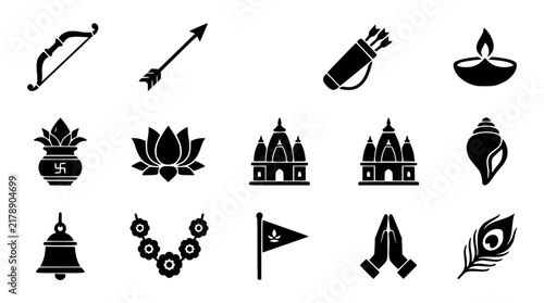 Indian Cultural Festival Silhouette Vector Icon Set Featuring Bow Arrow, Temple, Diya, Kalash Pot, Shankh, Namaste, and Peacock Feather Symbols for Religious Projects