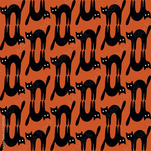 Funny black cat seamless pattern on orange background square template