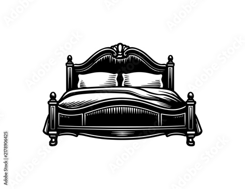 Фотография Elegant vintage bed with pillows and duvet in a classic illustration style