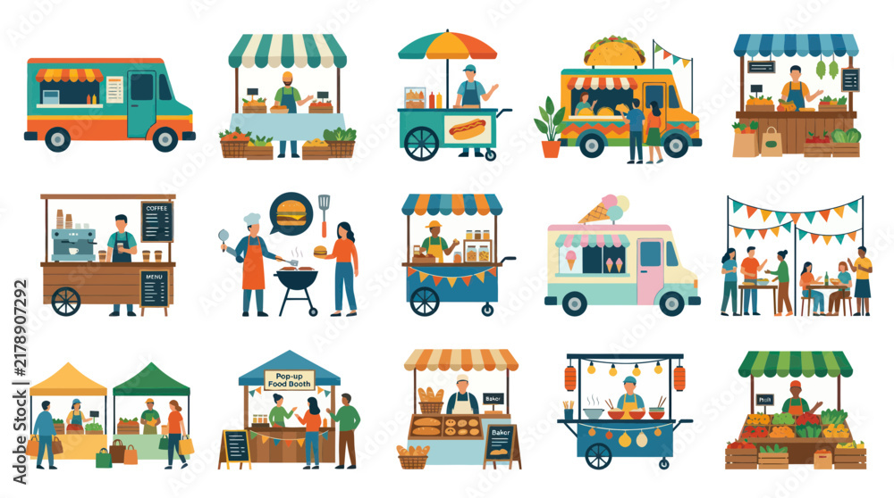 Naklejka premium Diverse Food Trucks and Stalls at Outdoor Market Festival Flat Vector