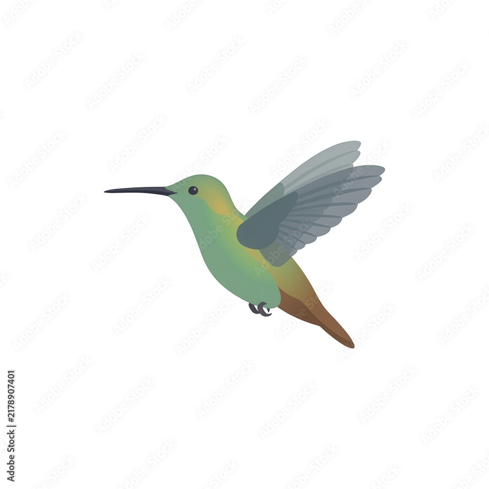 Fototapeta premium 白い背景に浮かぶハチドリのフラットデザインイラスト。緑と茶色の羽を持つ小さな鳥が翼を広げて空中でホバリングしている様子を、シンプルで洗練されたグラフィックアートスタイルで表現した、ウェブサイトやプレゼンテーションのアイコン素材として最適なベクター画像。