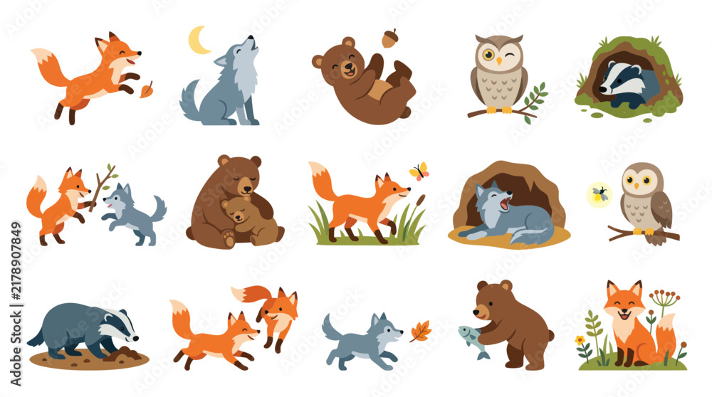 Obraz premium Cute Forest Animals Set: Foxes, Bears, Wolves, Owl, Badger in Flat Art Style