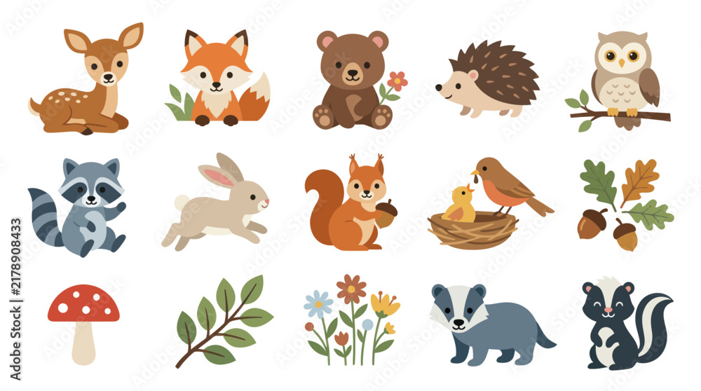 Obraz premium Cute Woodland Forest Animals Nature Elements Flat Vector Illustration Set for Kids Education