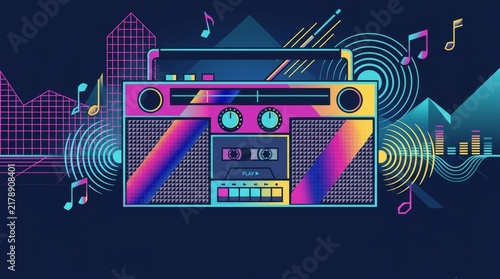 Nostalgic Vibes From a Vibrant 1970s Boombox Surrounded by Melodic Symbols