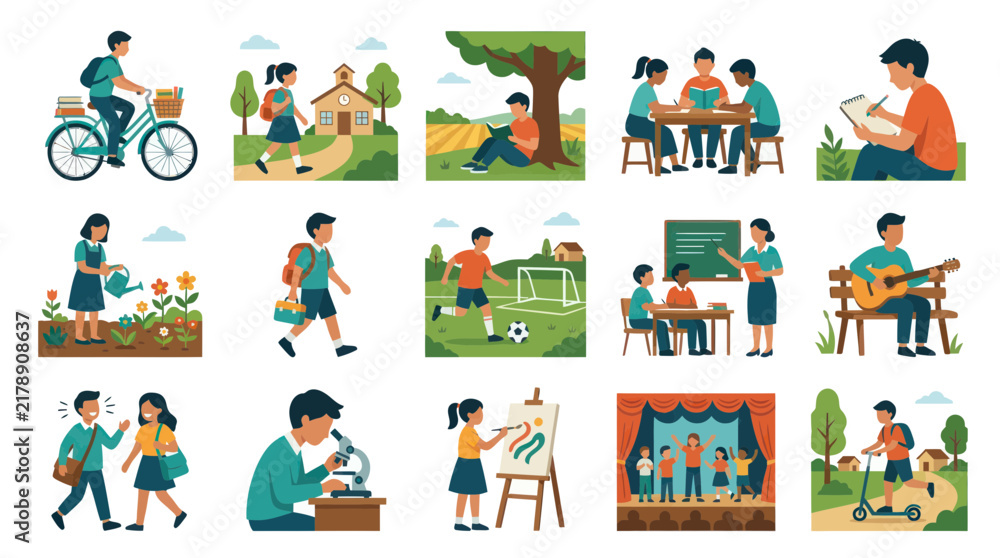 Fototapeta premium Flat Vector Illustration of School Life and Education Scenes with Students Learning and Playing