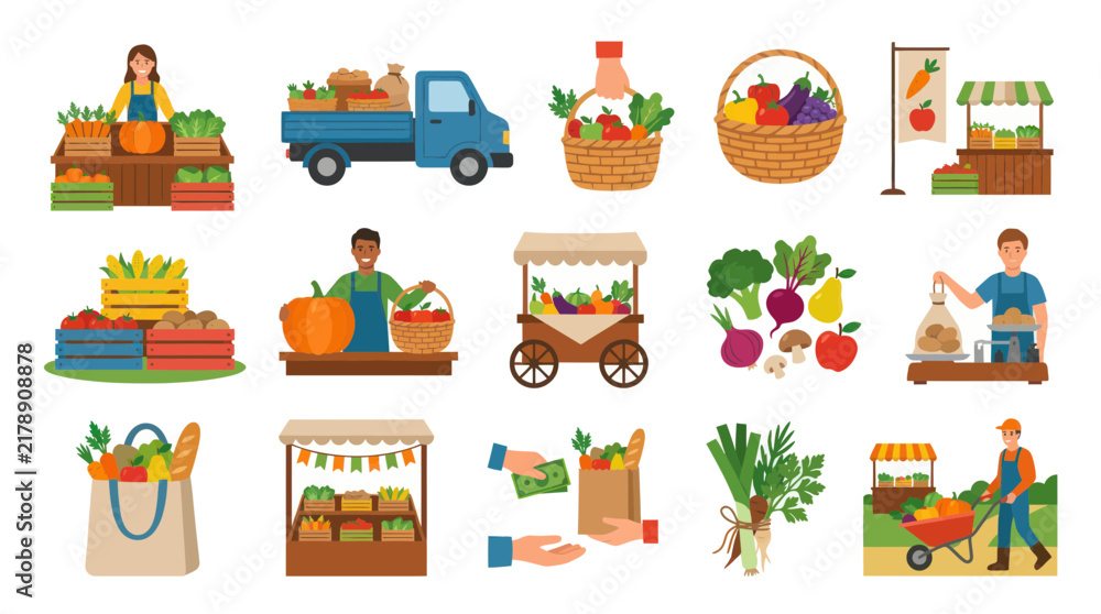 Fototapeta premium Farmers Market Vector Pack: Fresh Produce, Stalls, Truck, People - Flat Style