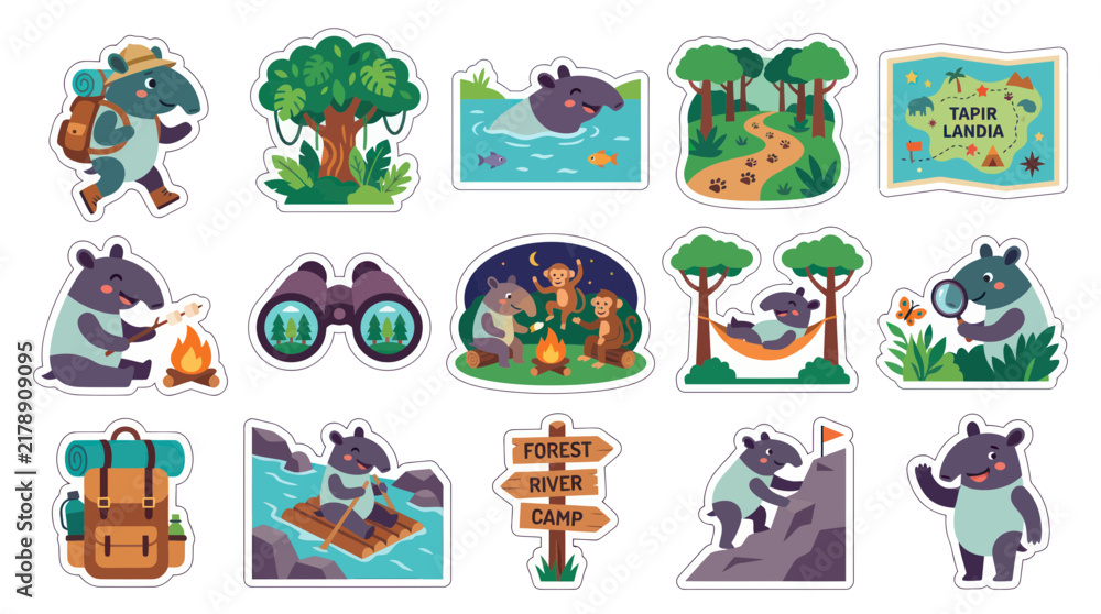 Fototapeta premium Cute Cartoon Tapir Adventure Camping Stickers Set. Flat Vector Wildlife and Outdoor Activities Collection for Kids