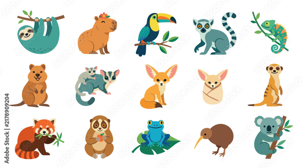 Obraz premium Cute Cartoon Animals Vector Collection - Flat Style, Wildlife
