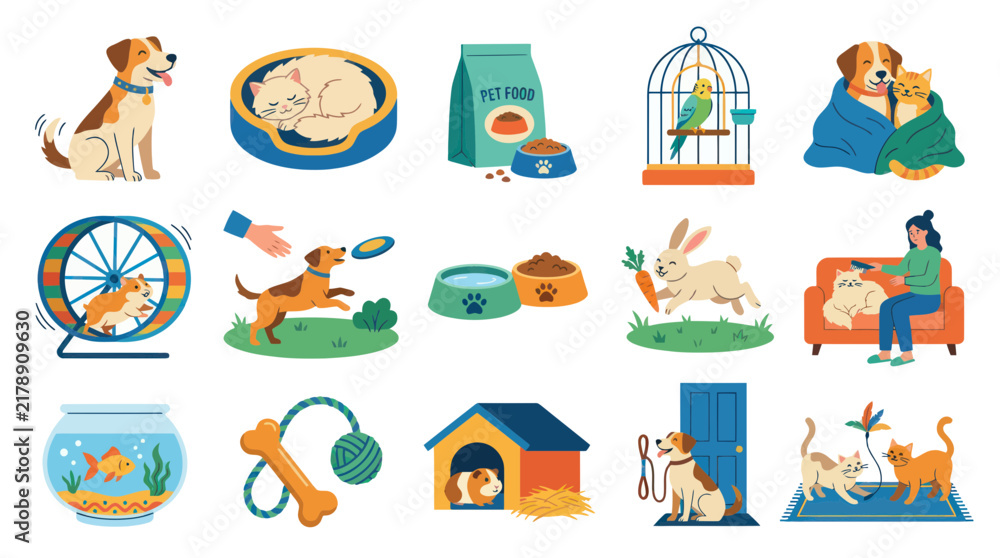 Fototapeta premium Flat Design Pet Care Elements and Icons Set. Cute Domestic Animals, Food, Toys, and Accessories Collection