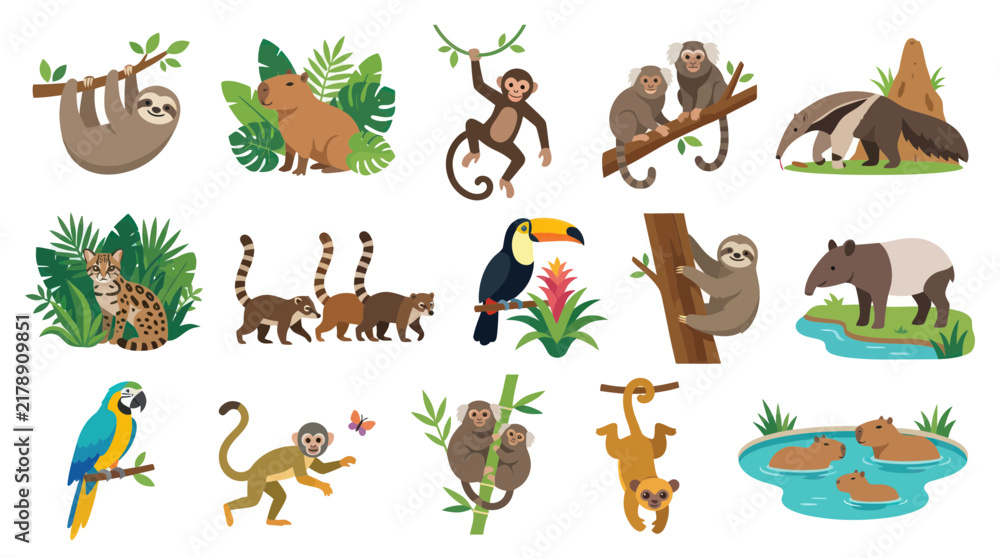 Obraz premium Cute Amazon Rainforest Animals Flat Vector Illustration Set for Wildlife and Nature Education