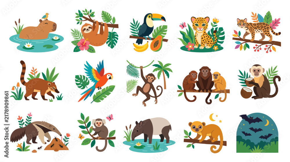 Fototapeta premium Cute Flat Illustration of Diverse Rainforest Animals Collection: Sloth, Toucan, Monkeys, Jaguar, Anteater More