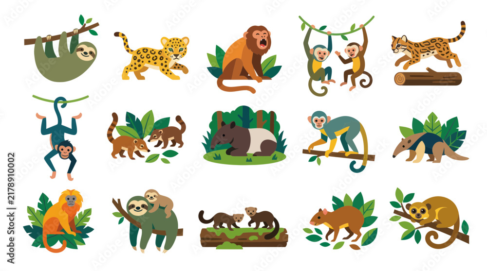 Obraz premium Flat Illustration Collection of Diverse South American Rainforest Animals Wildlife Icons Set