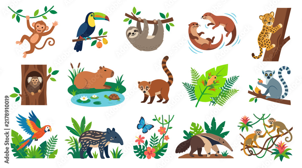 Fototapeta premium Flat Illustration of Diverse Tropical Animals in Vibrant Jungle - Wildlife Nature