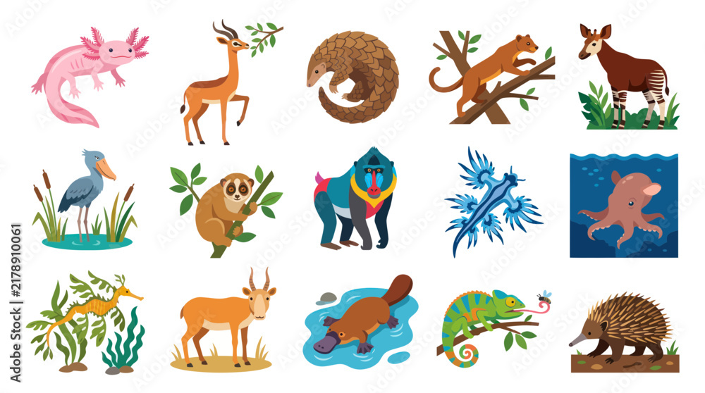 Obraz premium Flat Vector Art: Diverse Animals Collection for Educational and Wildlife Illustration