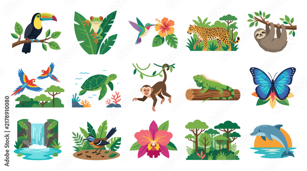 Obraz premium Tropical Wildlife and Nature Vector Set: Toucan, Monkey, Sloth, Butterfly, Dolphin