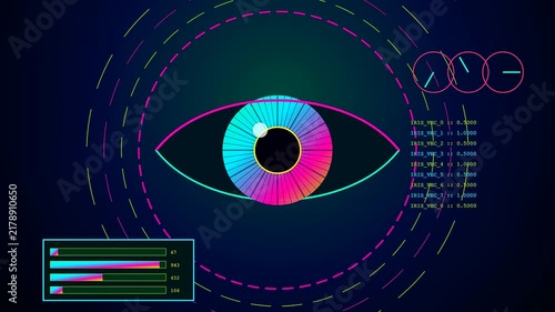 Digital biometric telemetry displays showing eye scanning patterns in a neon graphical interface with shifting metrics and data bar charts in a continuous loop