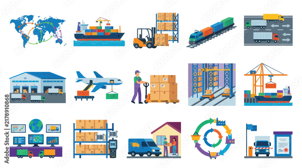Fototapeta premium Flat Design Logistics and Supply Chain Icons Set. Global Transportation, Warehousing, and Delivery Elements.