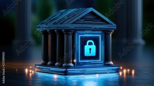 Digital representation of a secure bank building with blue neon lights and a padlock symbolizing cyber protection and financial security in modern banking