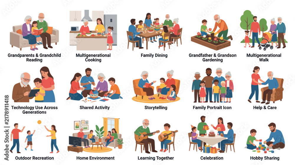 Naklejka premium Flat Vector Illustration of Intergenerational Family Activities Lifestyle Scenes.