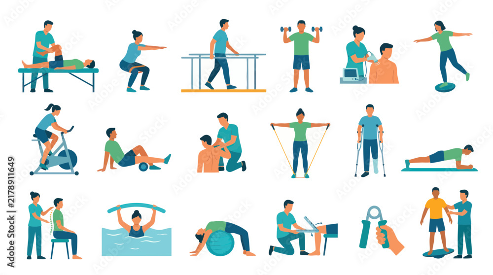 Fototapeta premium Physical therapy flat vector illustration set, rehabilitation exercises