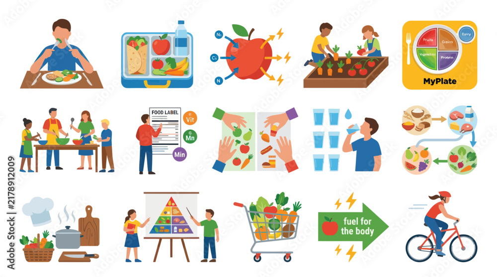 Fototapeta premium Flat Vector Illustrations of Healthy Eating, Nutrition, and Active Lifestyle Concepts