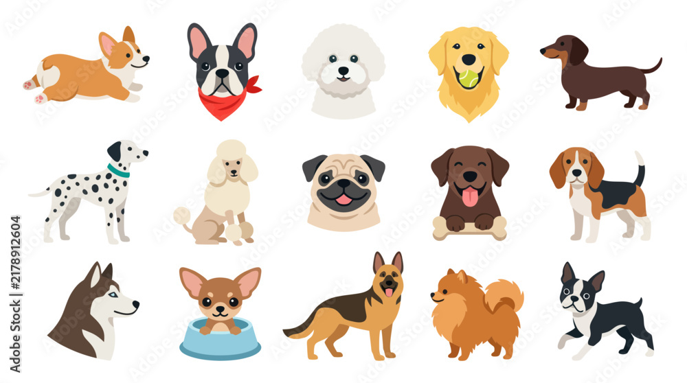 Obraz premium Collection of Flat Vector Dog Breeds Icons and Illustrations