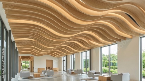 Spacious lobby with a wavy wooden ceiling and integrated lighting above comfortable seating areas and large glass windows