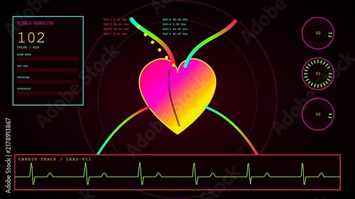 A neon bio interface displaying pulsing heart animations with vibrant gradient graphics and fluctuating numerical data monitors arranged in a professional medical monitoring grid system layout