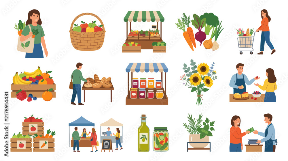 Fototapeta premium Fresh Produce and Goods at a Farmers Market, Flat Vector Illustration