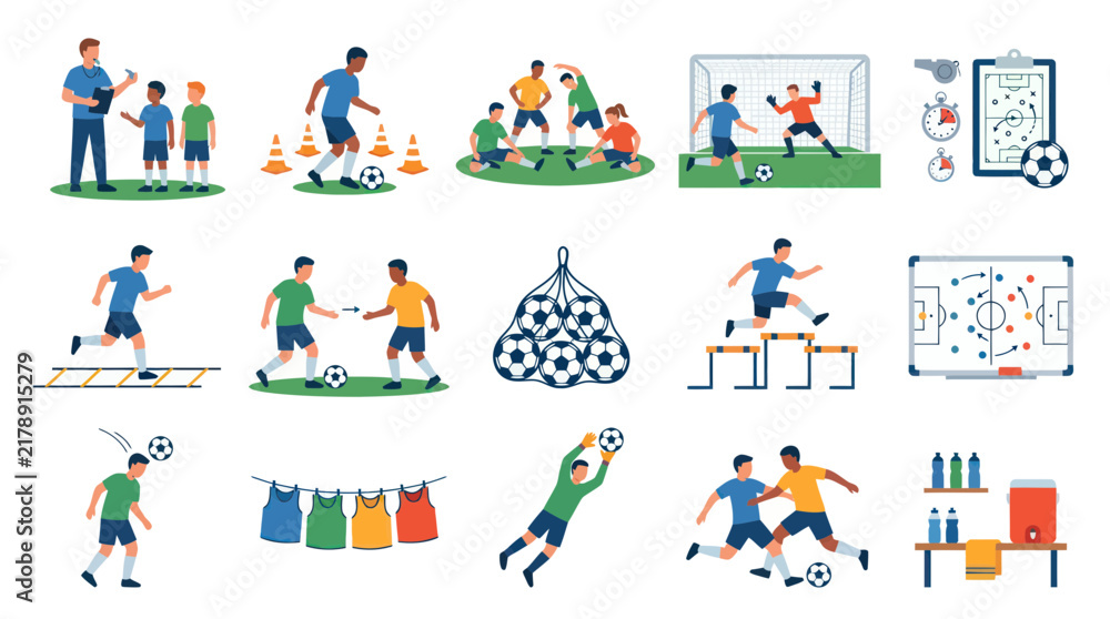Fototapeta premium Flat Vector Football (Soccer) Training Elements Set with Players, Coach, Drills, and Equipment Icons