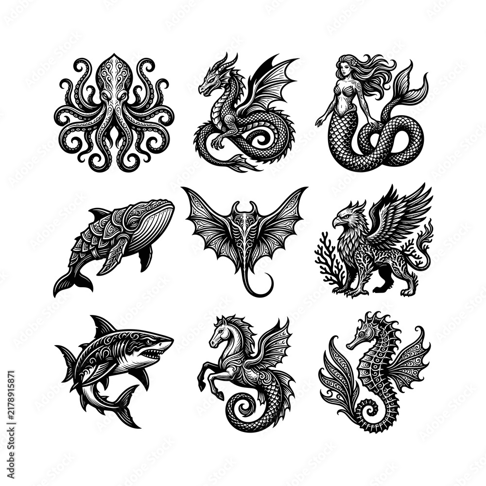 Fototapeta premium Fantasy Ocean Creature Logo Icons
