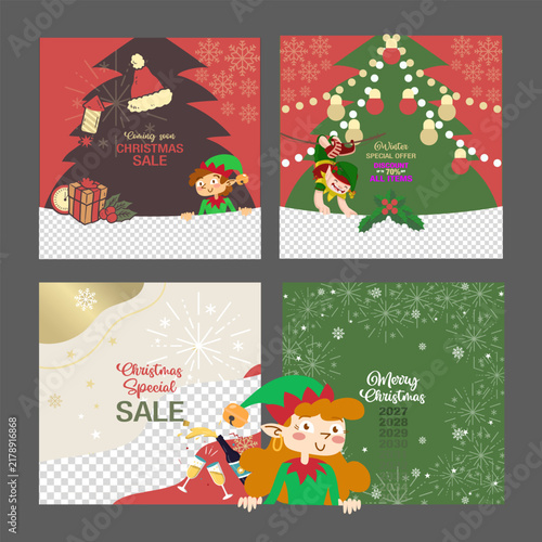 Elf on the shelf Christmas social media post template pack with cute scout elves for winter holiday sale