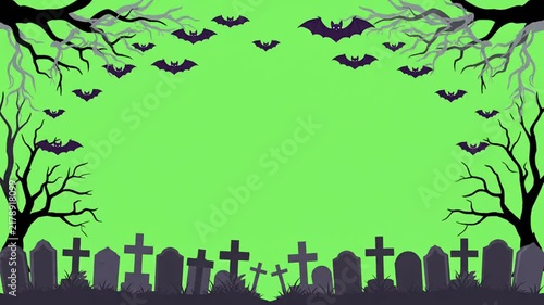 Halloween border frame animation featuring spooky flying bats, silhouette trees and graveyard tombstones on a green screen background for creative video editing