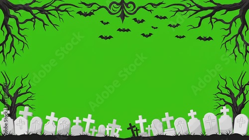 Halloween spooky border frame with graveyard trees and flying bats animation green screen overlay for holiday event social media content video production asset