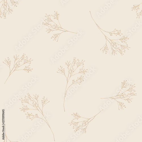 Delicate golden dried botanical sprigs seamless pattern on cream