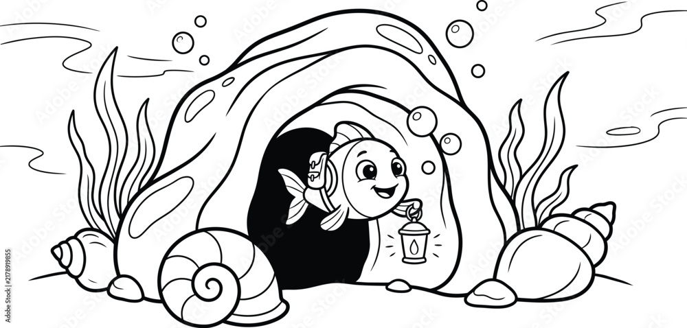 Obraz premium Educational fish explorer in underwater cave coloring sheet, ocean discovery theme for children
