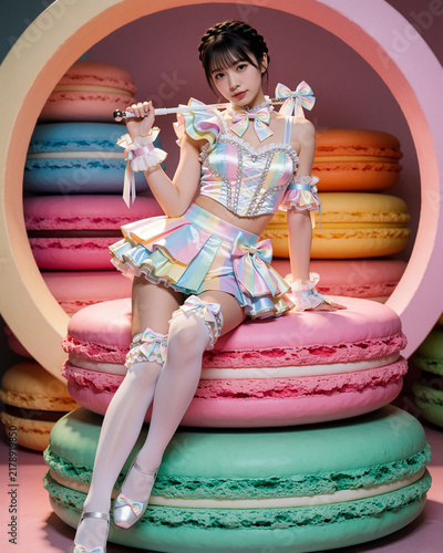 パステルレインボー・キャンディストライプの片肩フリルとプリーツミニアイドル衣装でマカロンスタジオで横座りする女性