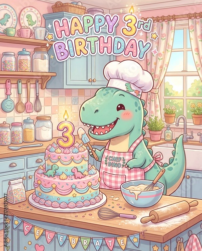 Baby dinosaur chef decorating cake for third birthday