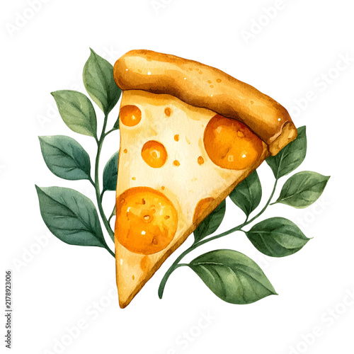 Watercolor Pizza Slice with Green Leaves Illustration