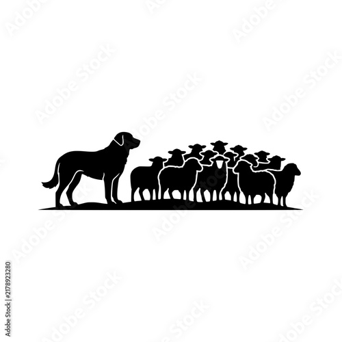 Shepherd dog herding sheep silhouette illustration, Shepherd dog herding sheep silhouette