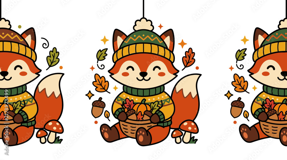 Fototapeta premium Cute Cartoon Fox Wearing a Hat and Sweater Holding a Basket of Pumpkins Isolated