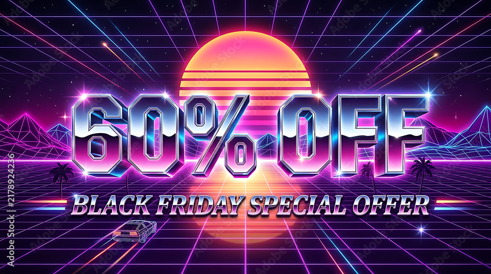Naklejka premium Sale discount retro synthwave background for sixty percent off black friday offer